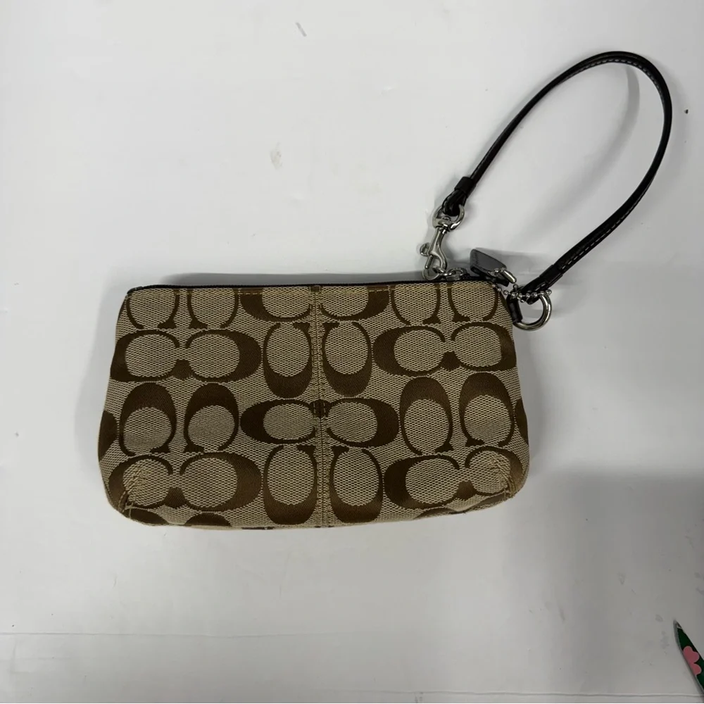 Coach Signature Wristlet Brown Canvas Mini Clutch Turnlock Small Bag